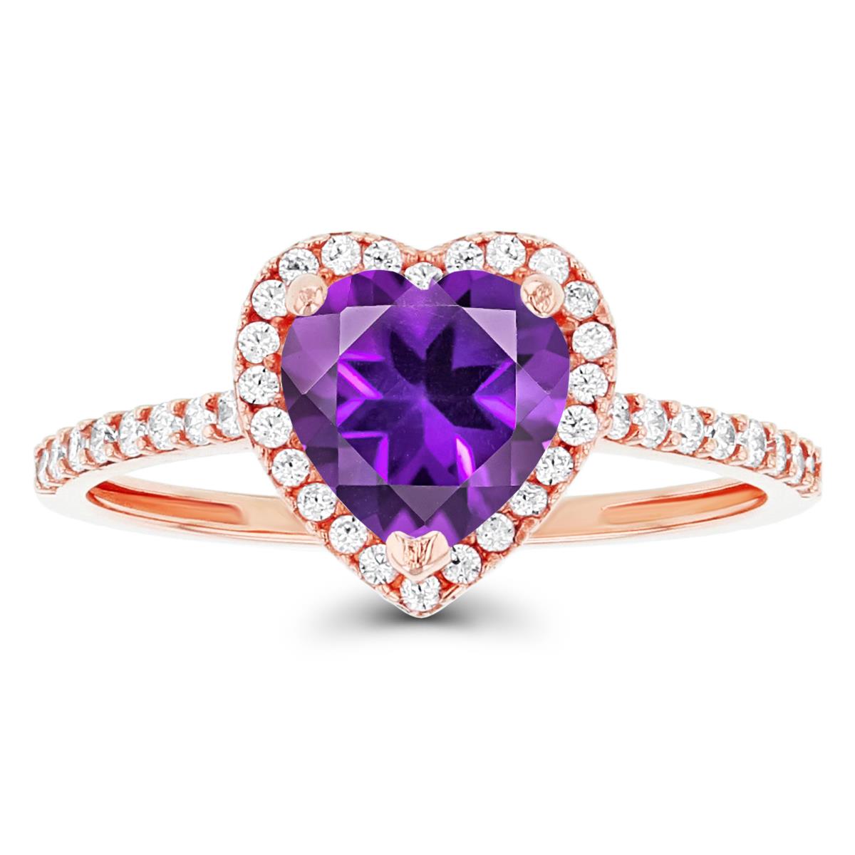 14K Rose Gold 7mm Heart Amethyst & Created White Sapphire Halo Ring