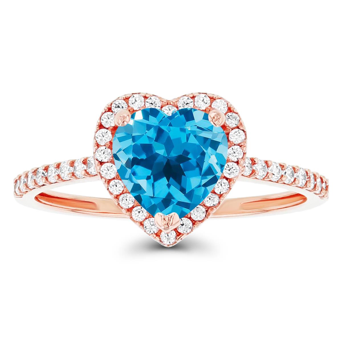 14K Rose Gold 7mm Heart Swiss Blue Topaz & Created White Sapphire Halo Ring