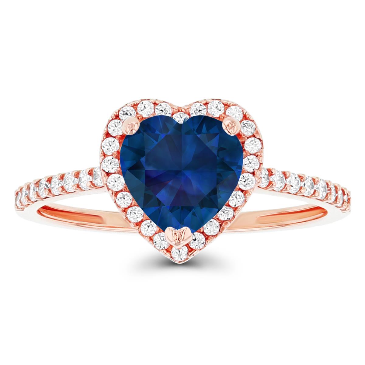 14K Rose Gold 7mm Heart Created Blue Sapphire & Created White Sapphire Halo Ring