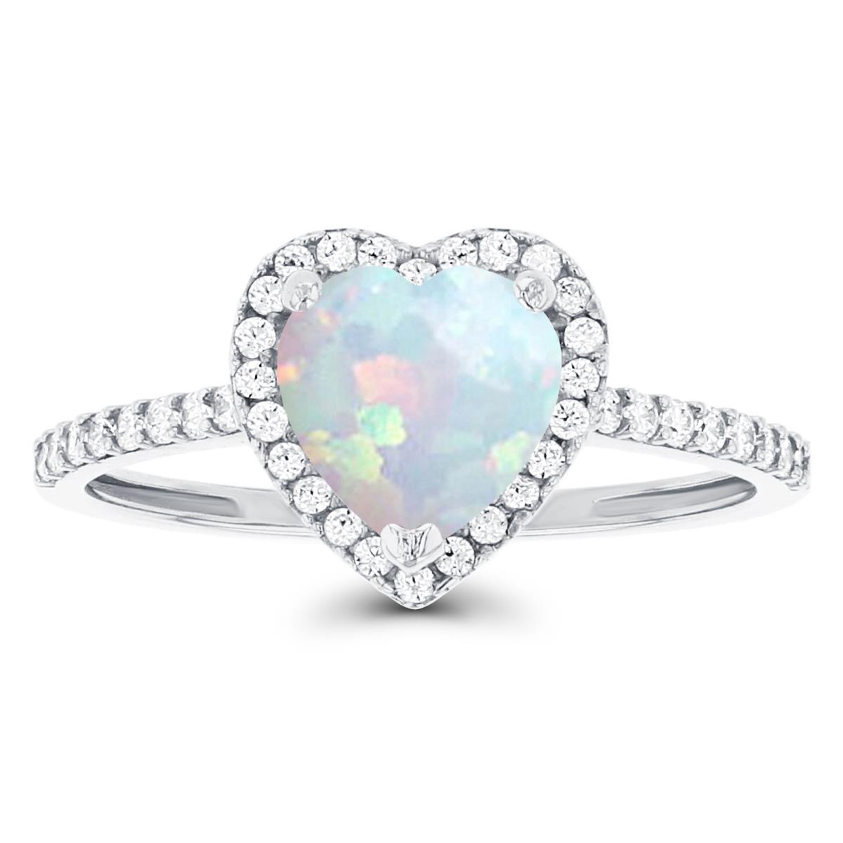 14K White Gold 7mm Heart Created Opal & Created White Sapphire Halo Ring