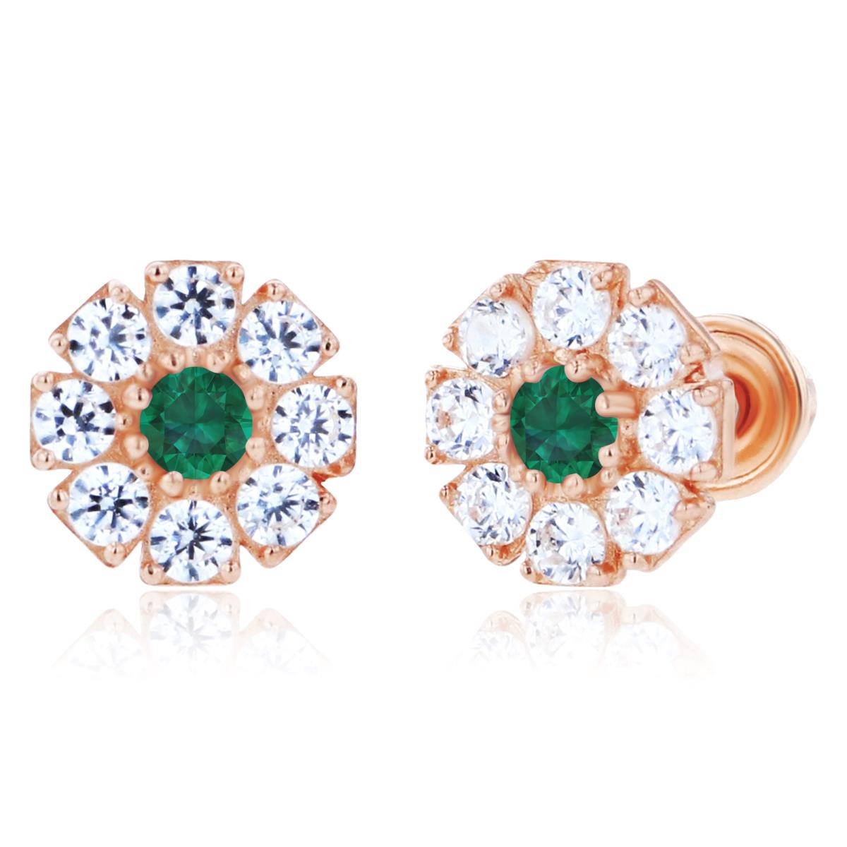 14K Rose Gold 2mm Round Created Emerald & 1.5mm Created White Sapphire Flower Screwback Earrings