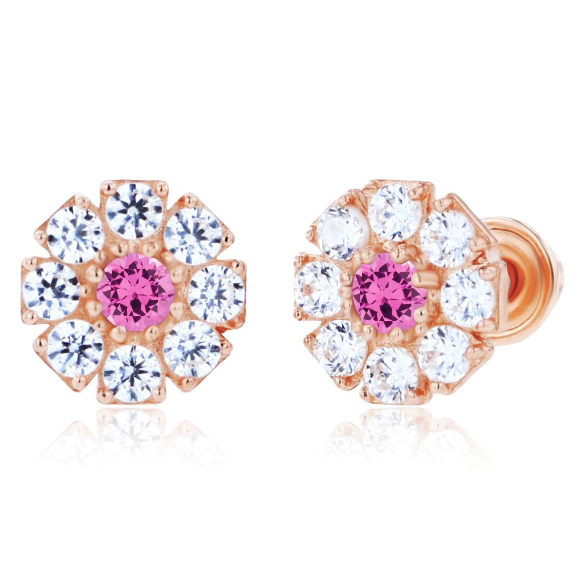 14K Rose Gold 2mm Round Created Pink Sapphire & 1.5mm Created White Sapphire Flower Screwback Earrings