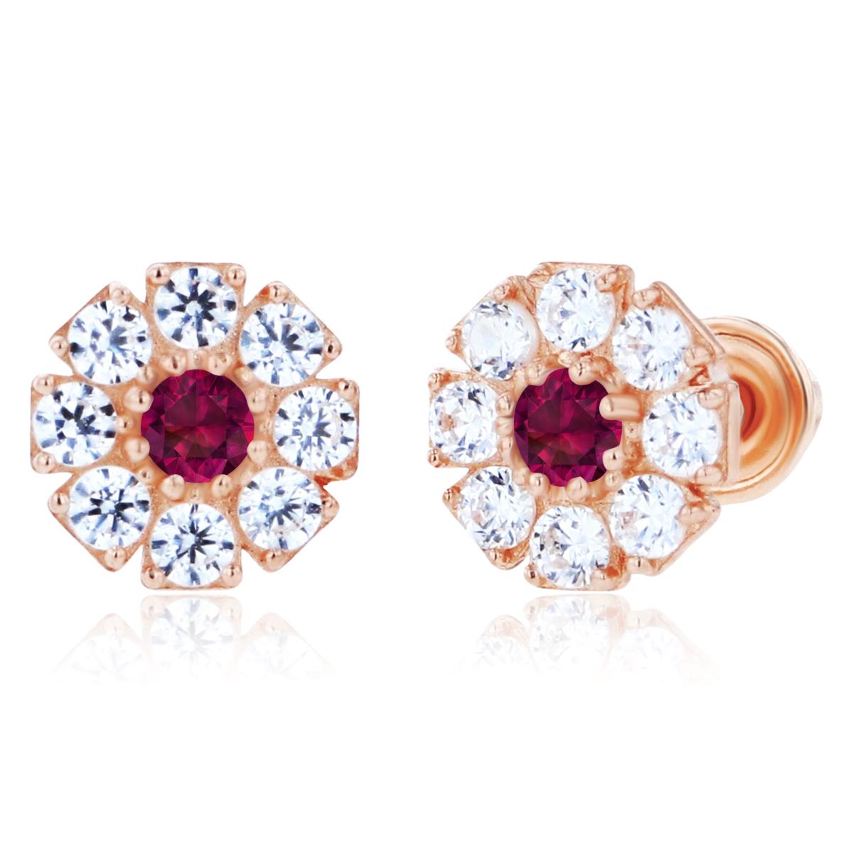 14K Rose Gold 2mm Round Created Ruby & 1.5mm Created White Sapphire Flower Screwback Earrings