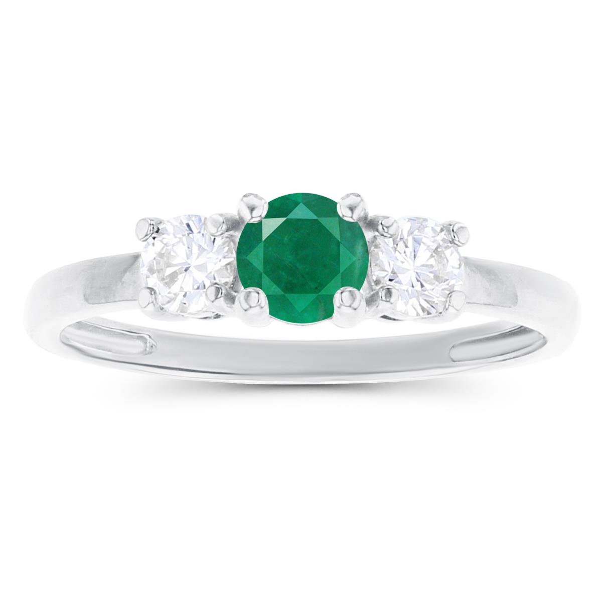 14K White Gold 4.50mm Emerald & 3.50mm Created White Sapphire Sides Ring