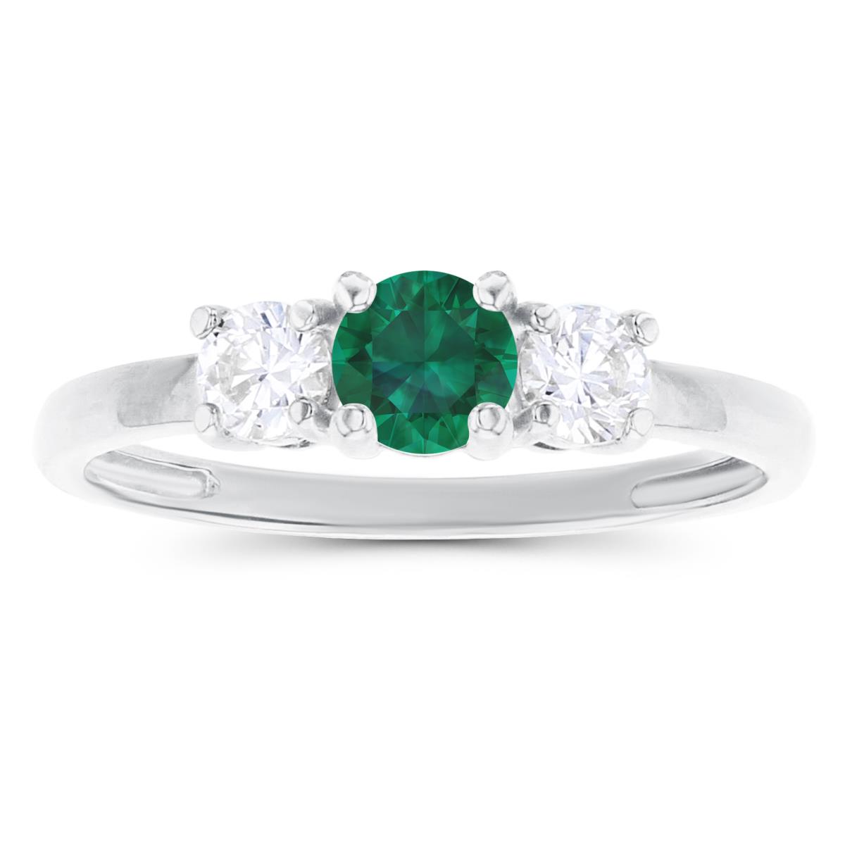 14K White Gold 4.50mm Created Emerald & 3.50mm Created White Sapphire Sides Ring