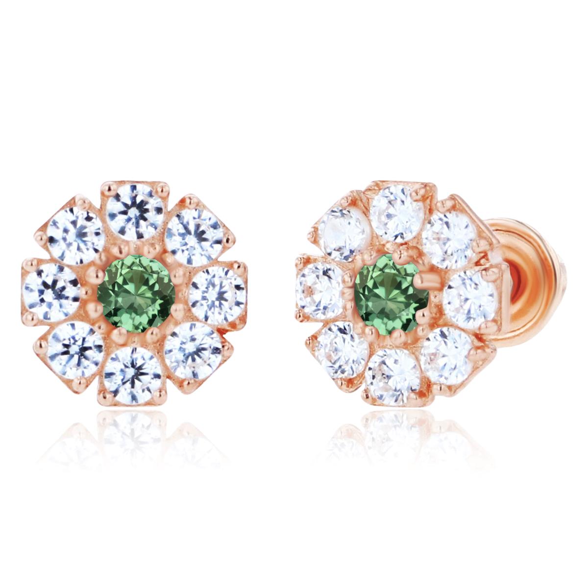 14K Rose Gold 2mm Round Created Green Sapphire & 1.5mm Created White Sapphire Flower Screwback Earrings