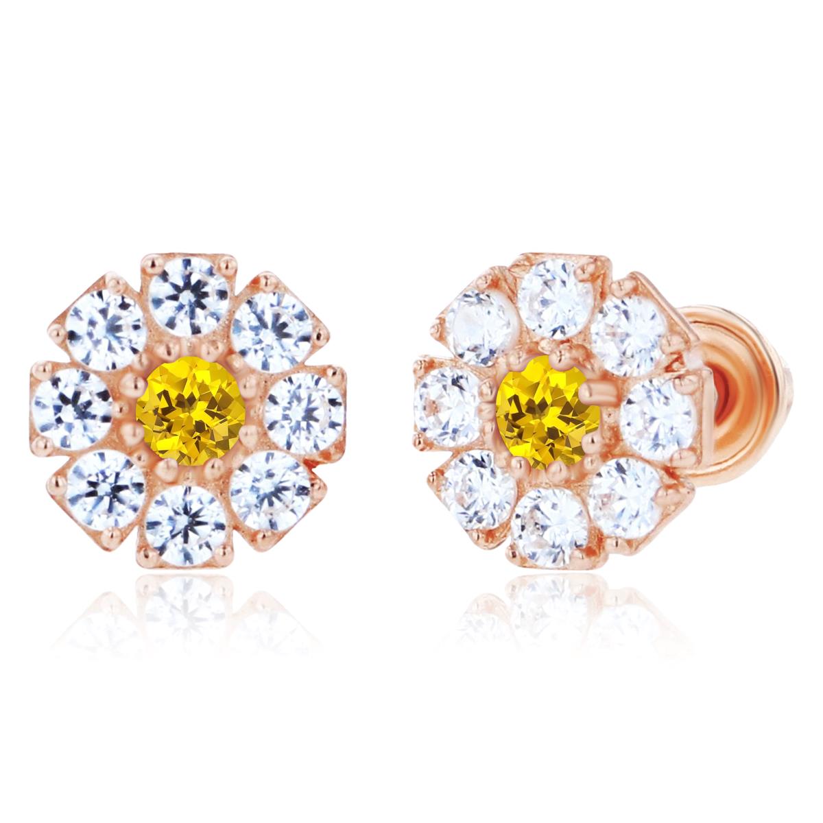 14K Rose Gold 2mm Round Created Yellow Sapphire & 1.5mm Created White Sapphire Flower Screwback Earrings