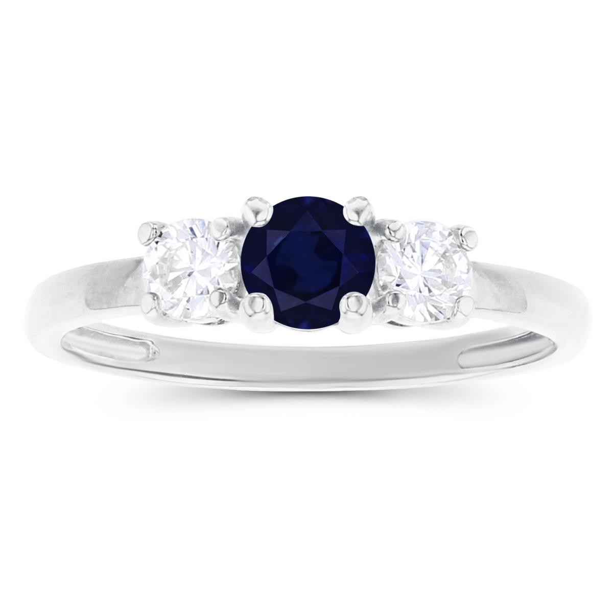 14K White Gold 4.50mm Sapphire & 3.50mm Created White Sapphire Sides Ring