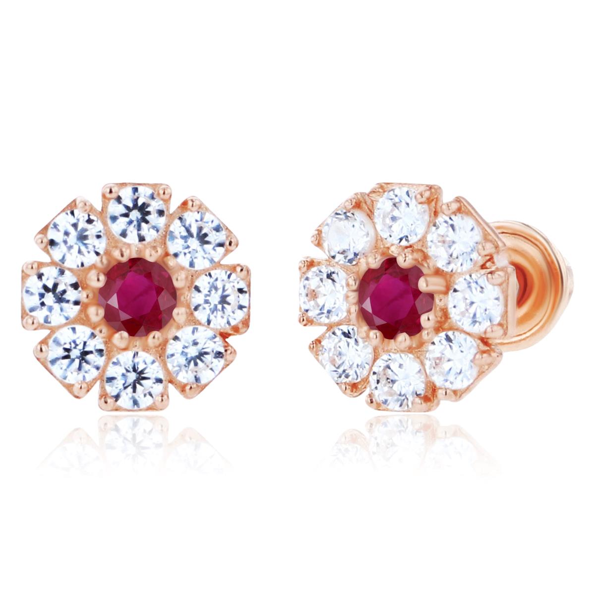 14K Rose Gold 2mm Round Ruby & 1.5mm Created White Sapphire Flower Screwback Earrings