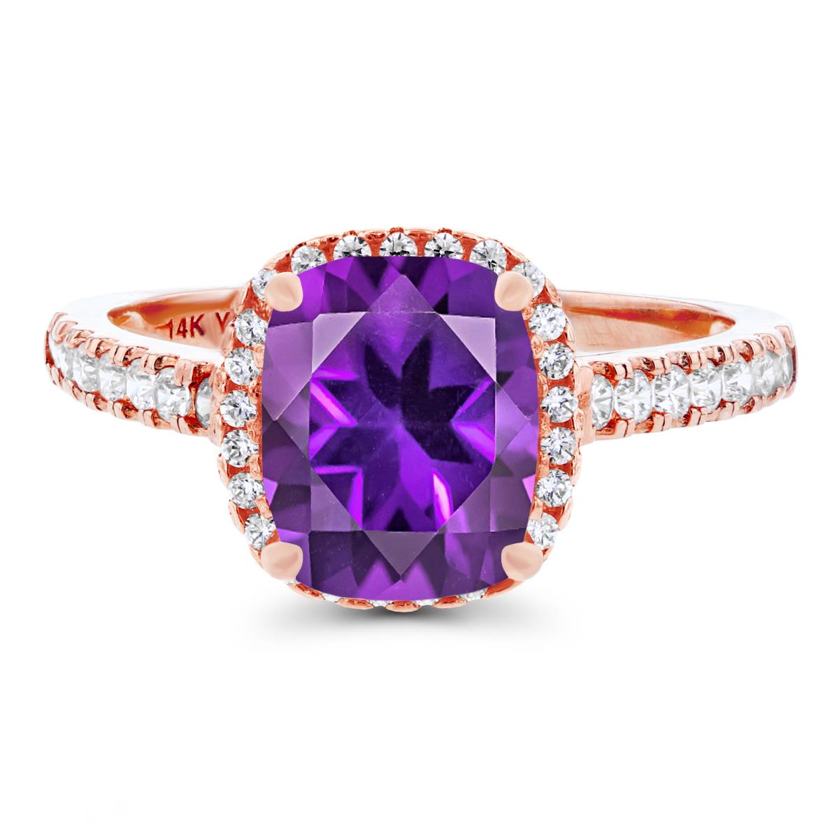 14K Rose Gold 9x7mm Cushion Amethyst & Created White Sapphire Halo Ring