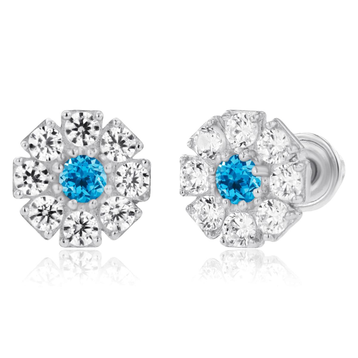 14K White Gold 2mm Round Swiss Blue Topaz & 1.5mm Created White Sapphire Flower Screwback Earrings
