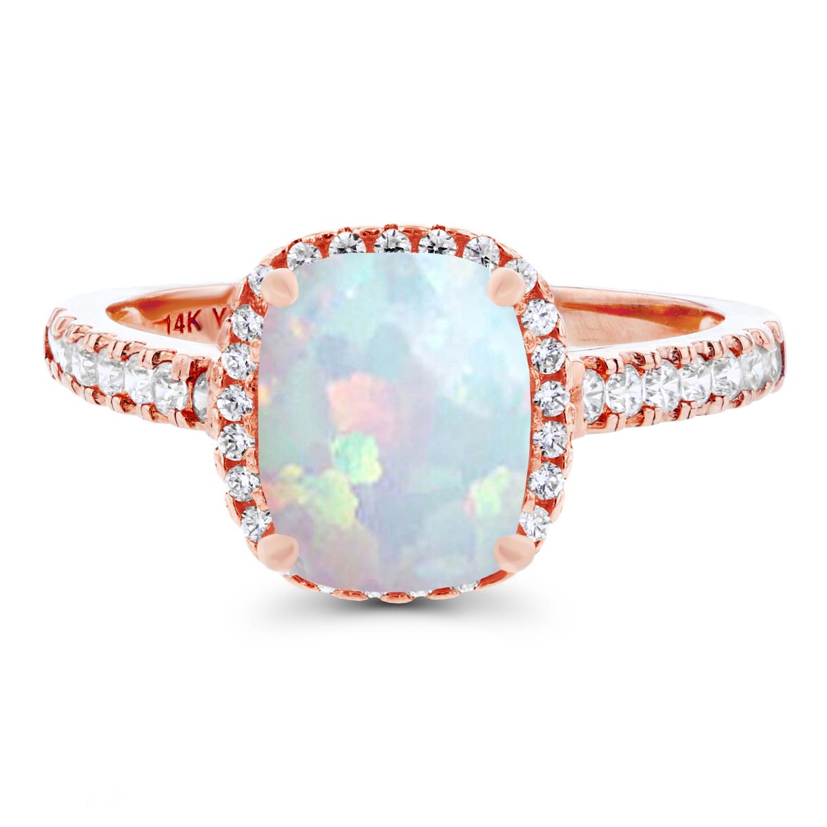 14K Rose Gold 9x7mm Cushion Created Opal & Created White Sapphire Halo Ring