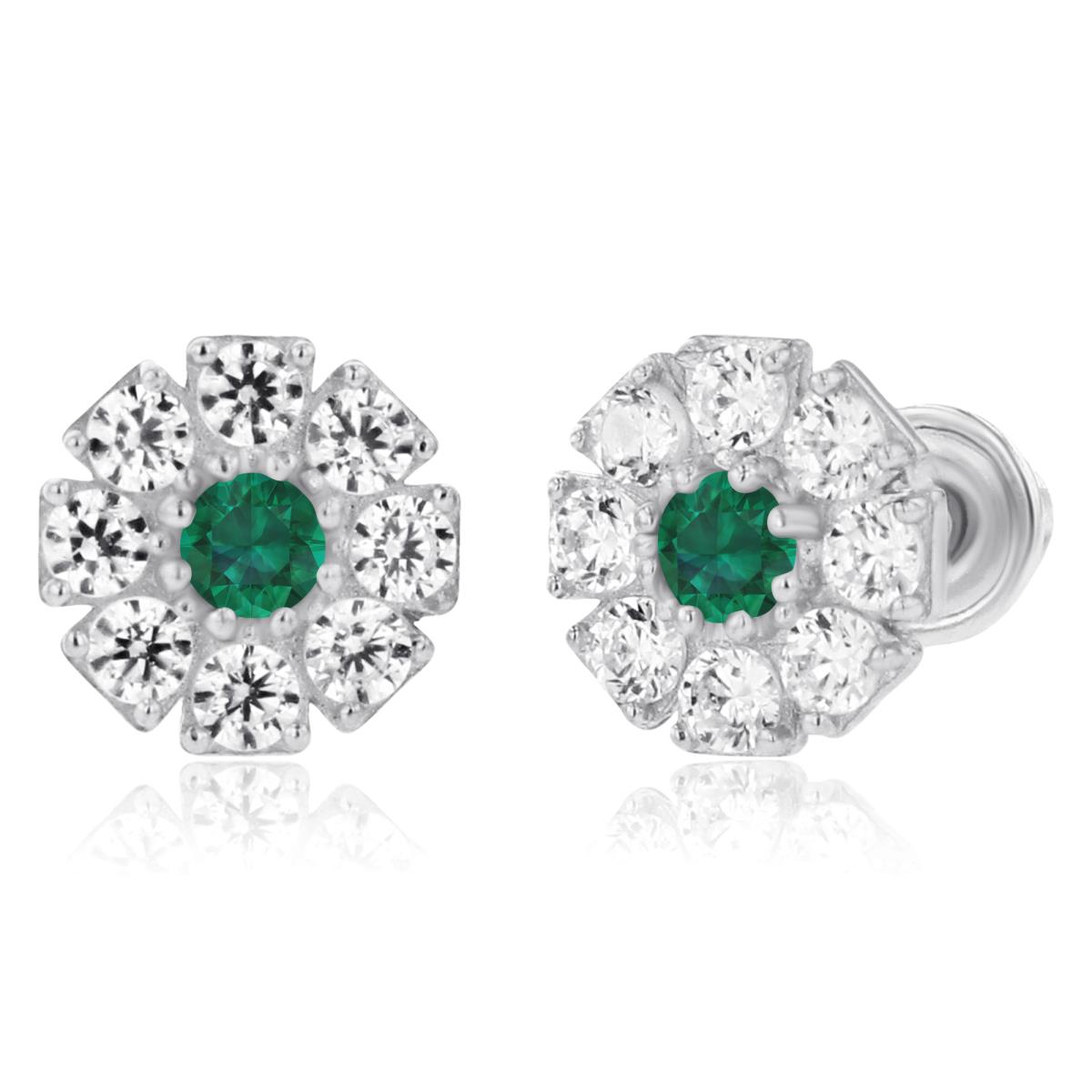 14K White Gold 2mm Round Created Emerald & 1.5mm Created White Sapphire Flower Screwback Earrings