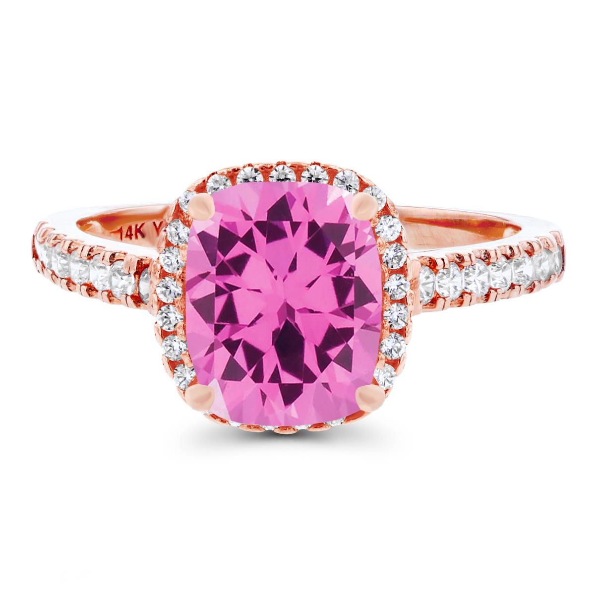 14K Rose Gold 9x7mm Cushion Created Pink Sapphire & Created White Sapphire Halo Ring