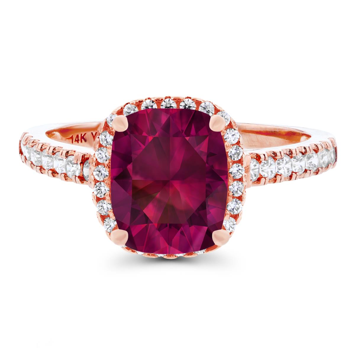 14K Rose Gold 9x7mm Cushion Created Ruby & Created White Sapphire Halo Ring