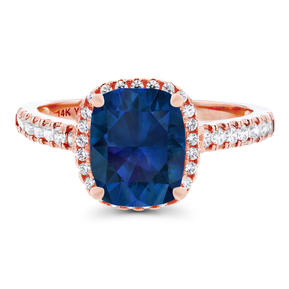 14K Rose Gold 9x7mm Cushion Created Blue Sapphire & Created White Sapphire Halo Ring
