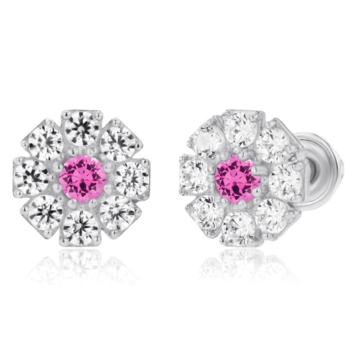 14K White Gold 2mm Round Created Pink Sapphire & 1.5mm Created White Sapphire Flower Screwback Earrings