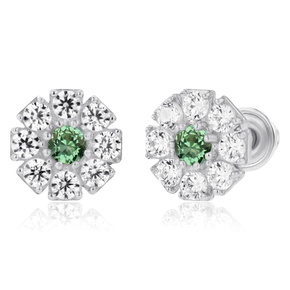 14K White Gold 2mm Round Created Green Sapphire & 1.5mm Created White Sapphire Flower Screwback Earrings