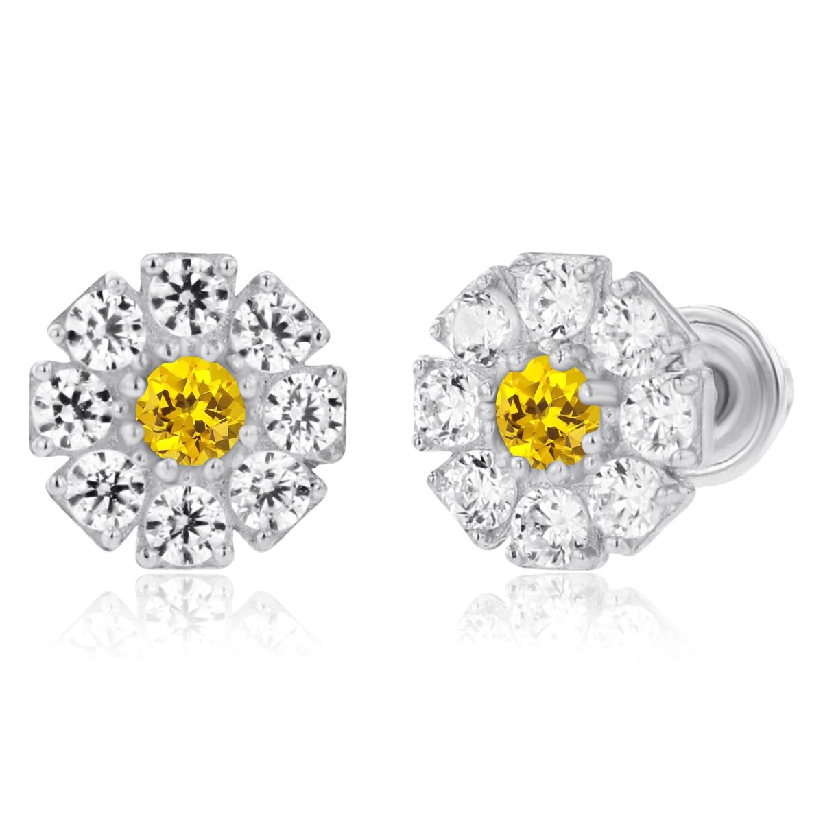 14K White Gold 2mm Round Created Yellow Sapphire & 1.5mm Created White Sapphire Flower Screwback Earrings
