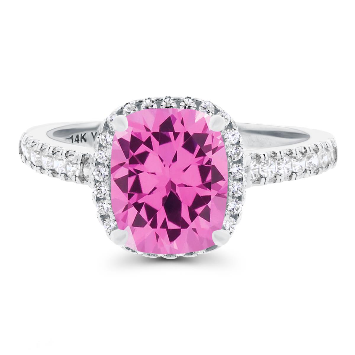 14K White Gold 9x7( 2 1/2 ctw) Cushion Cut Created Pink Sapphire & 0.35 ctw Diamond Halo Ring