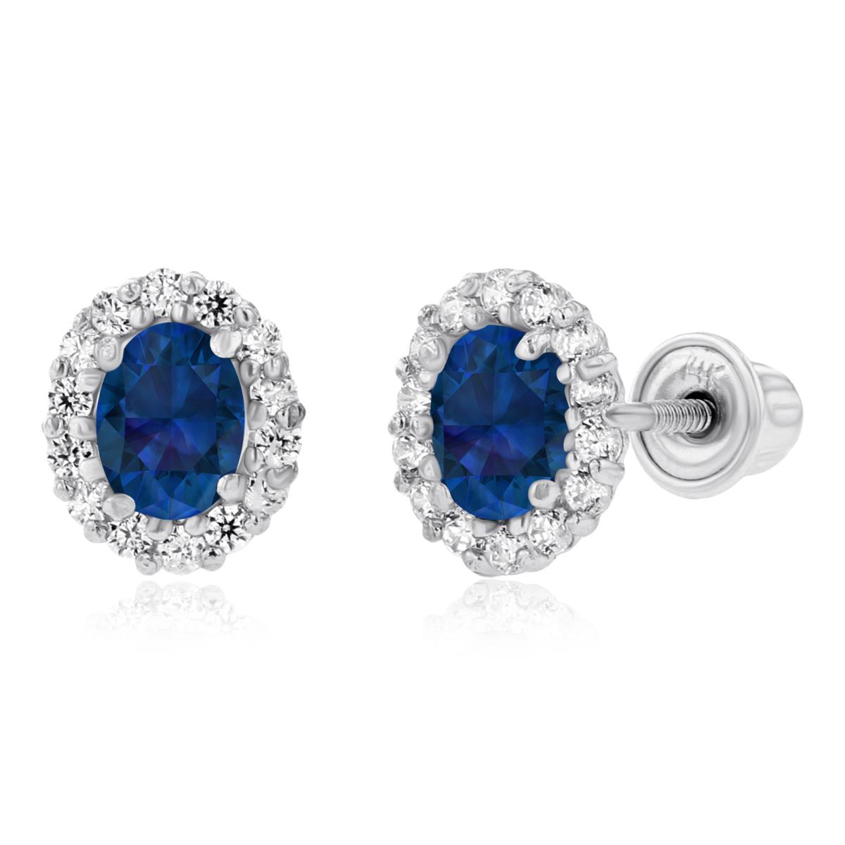 14K White Gold 4x3mm Oval Created Blue Sapphire & 1mm Round Created White Sapphire Halo Screwback Earrings