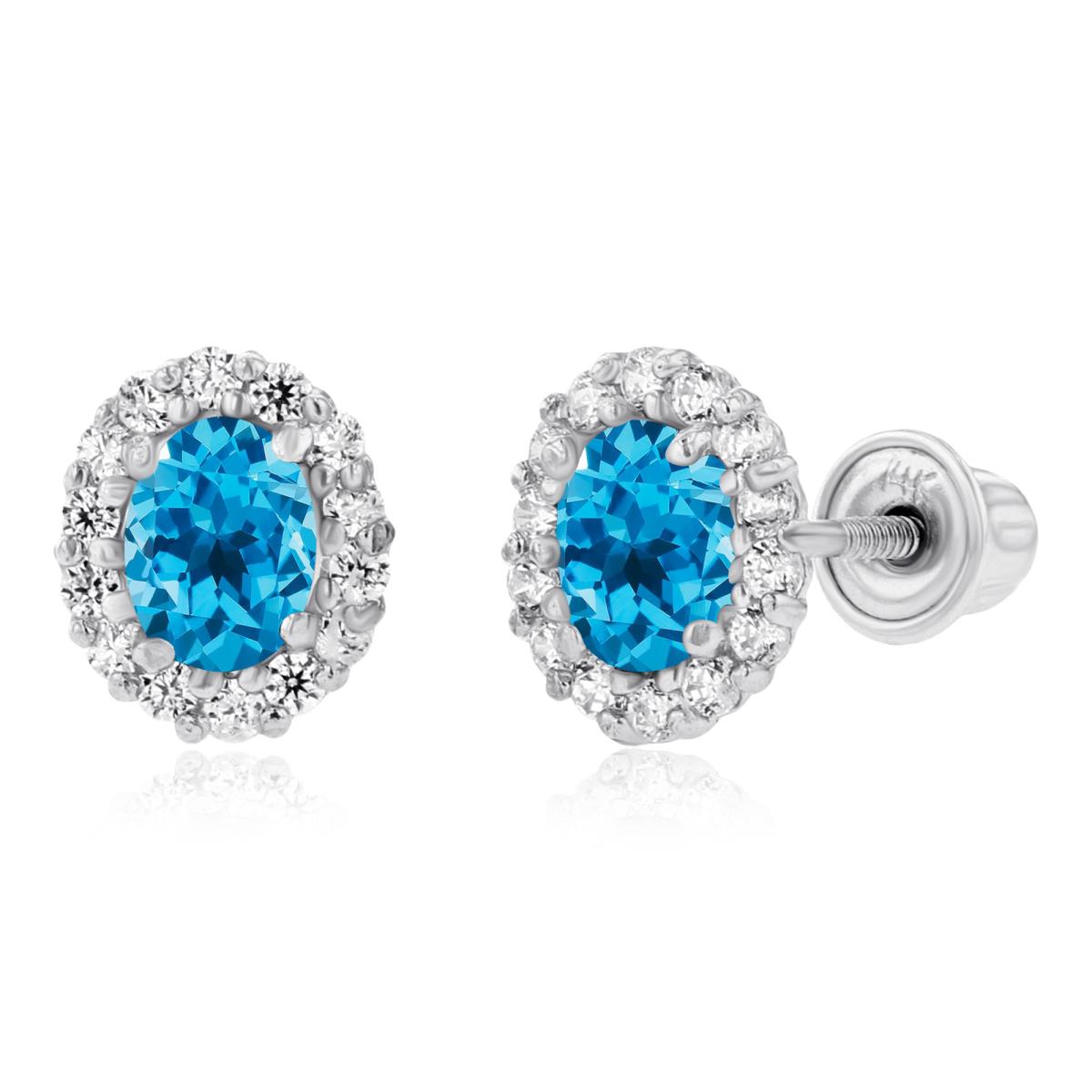 14K White Gold 4x3mm Oval Swiss Blue Topaz & 1mm Round Created White Sapphire Halo Screwback Earrings