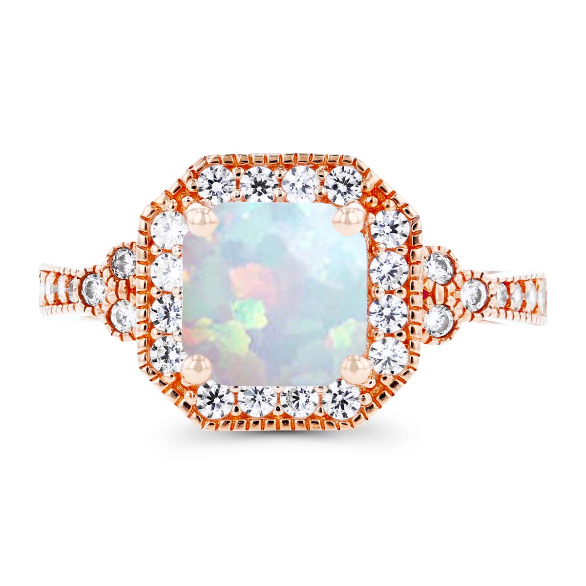 14K Rose Gold 7mm Cushion Created Opal & Created White Sapphire Hexagon Milgrain Ring