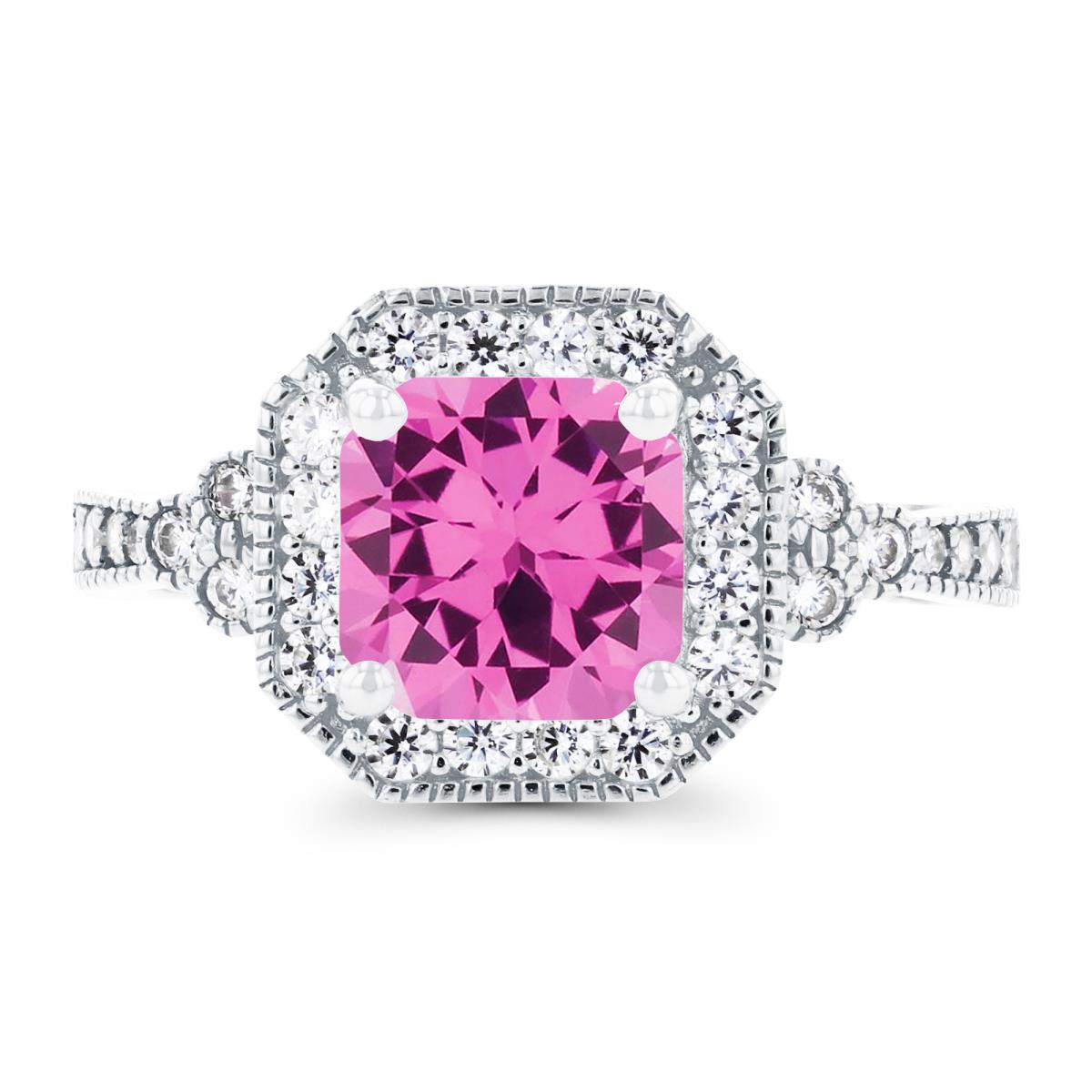 14K White Gold 7mm Cushion Created Pink Sapphire & Created White Sapphire Hexagon Milgrain Ring