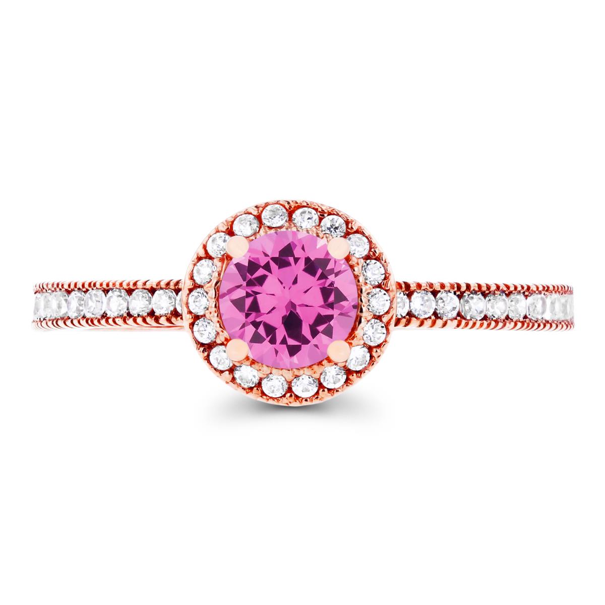 14K Rose Gold 5mm Created Pink Sapphire & Created White Sapphire Milgrain Halo Ring