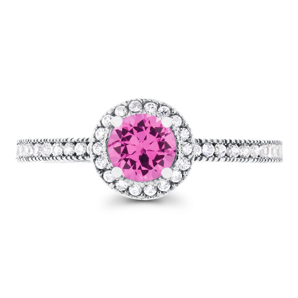 14K White Gold 5mm Created Pink Sapphire & Created White Sapphire Milgrain Halo Ring