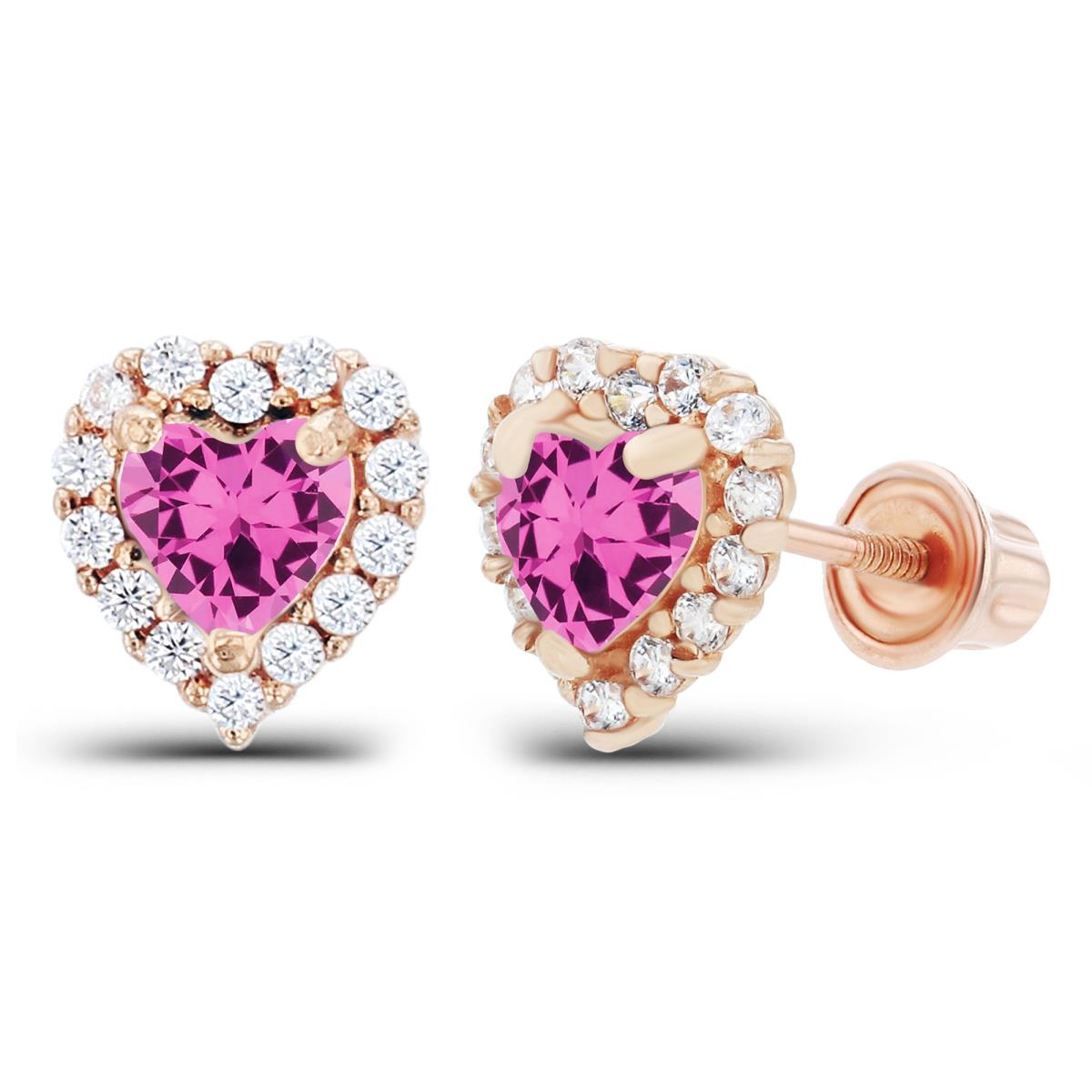 14K Rose Gold 4mm Heart Created Pink Sapphire & 1mm Created White Sapphire Halo Screwback Earrings