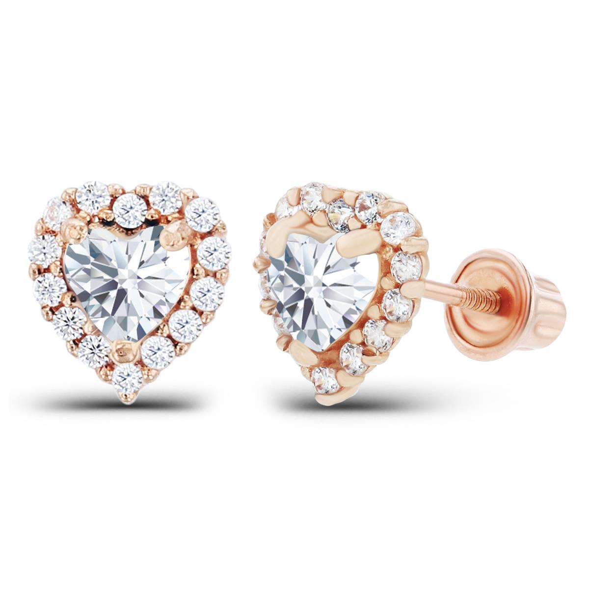 14K Rose Gold 4mm Heart & 1mm Round Created White Sapphire Halo Screwback Earrings