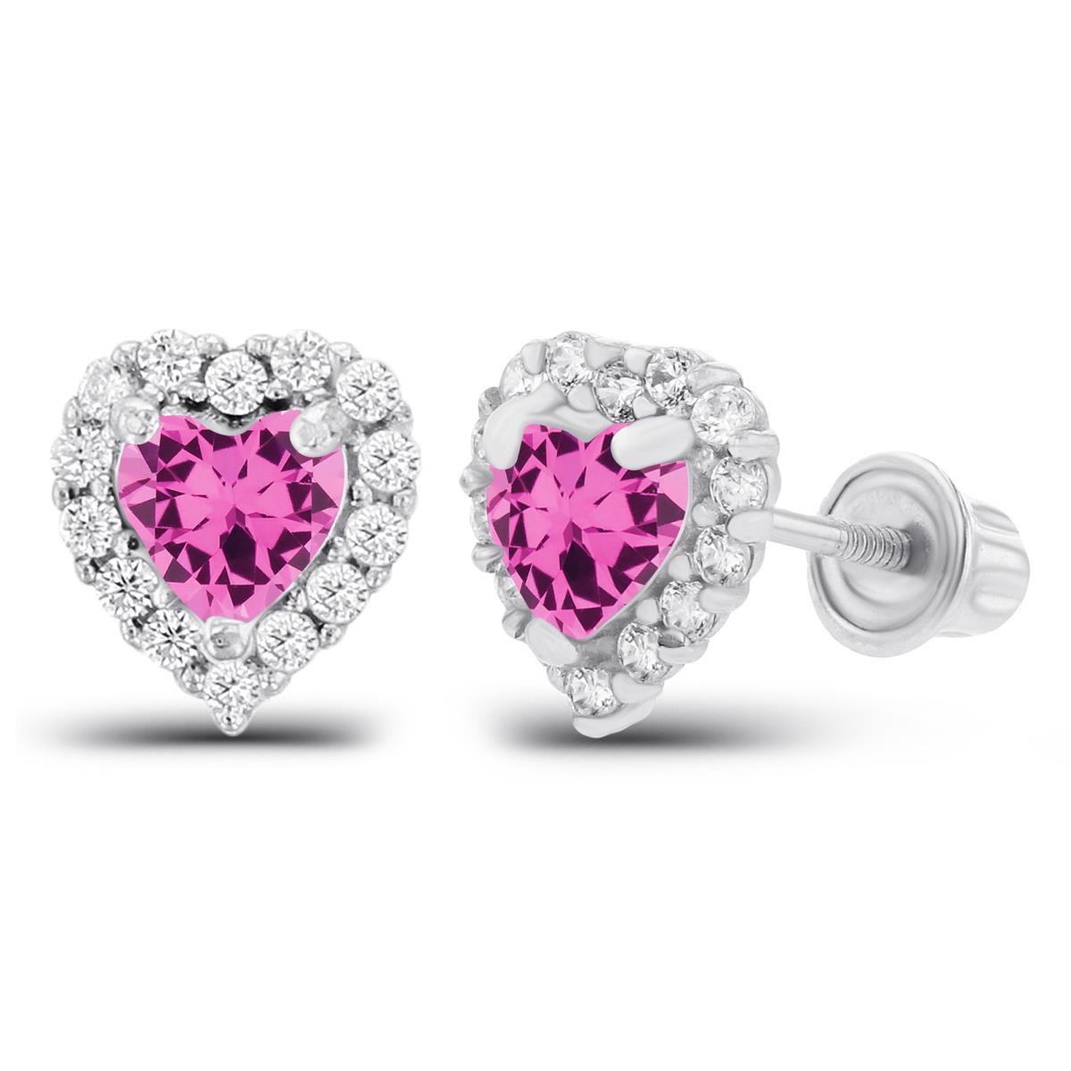 14K White Gold 4mm Heart Created Pink Sapphire & 1mm Created White Sapphire Halo Screwback Earrings