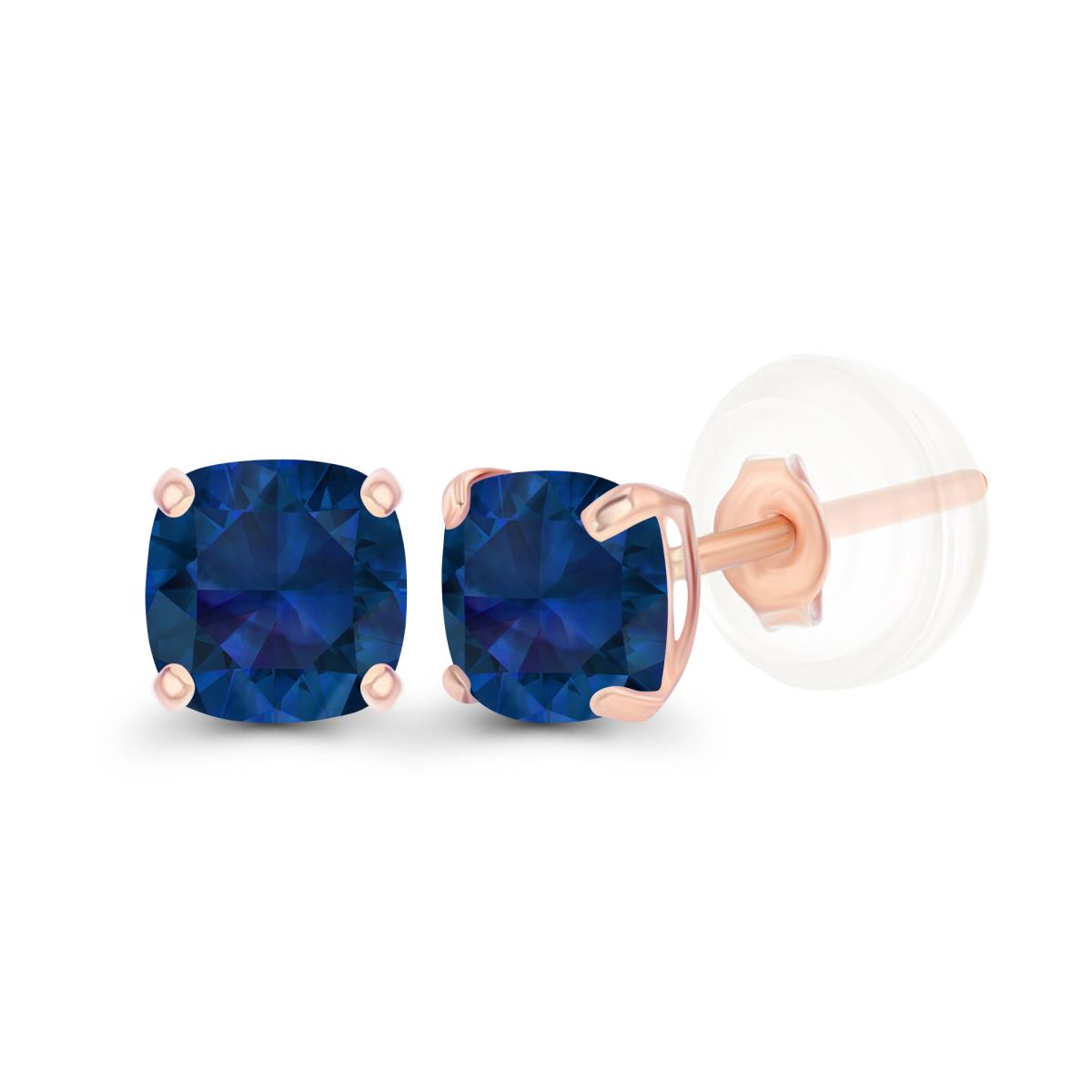 14K Rose Gold 4mm Cushion Created Blue Sapphire Basket Stud Earrings with Silicone Backs