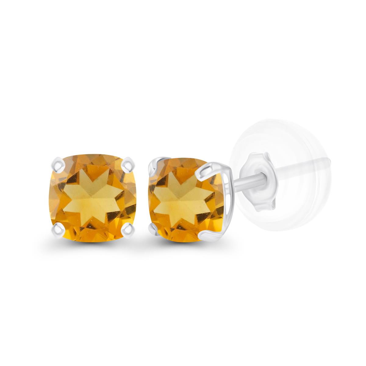 14K White Gold 4mm Cushion Citrine Basket Stud Earrings with Silicone Backs