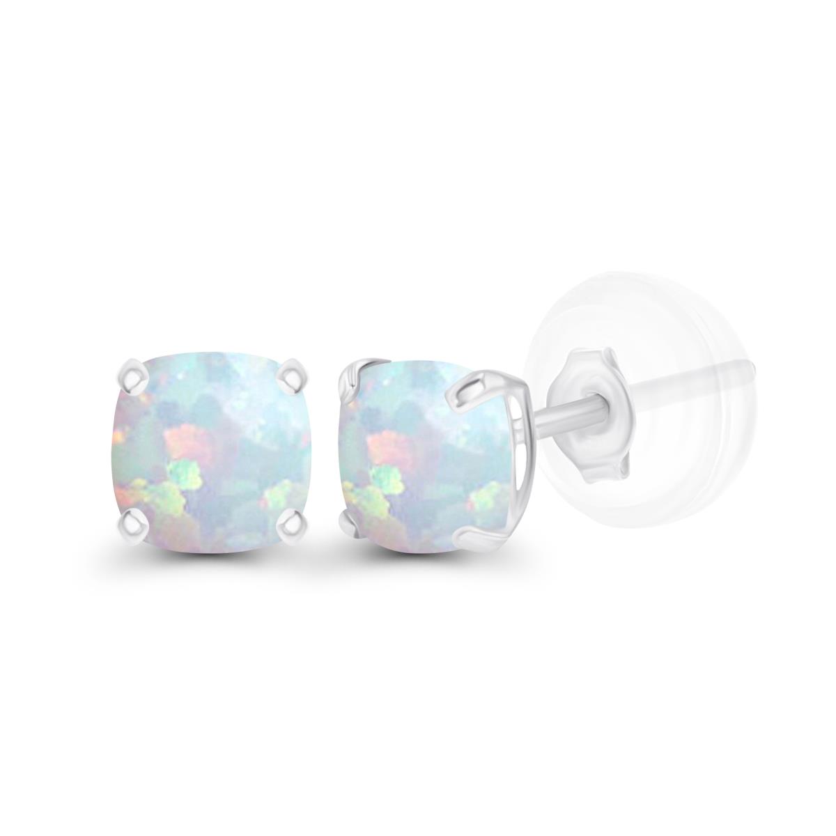 14K White Gold 4mm Cushion Created Opal Basket Stud Earrings with Silicone Backs
