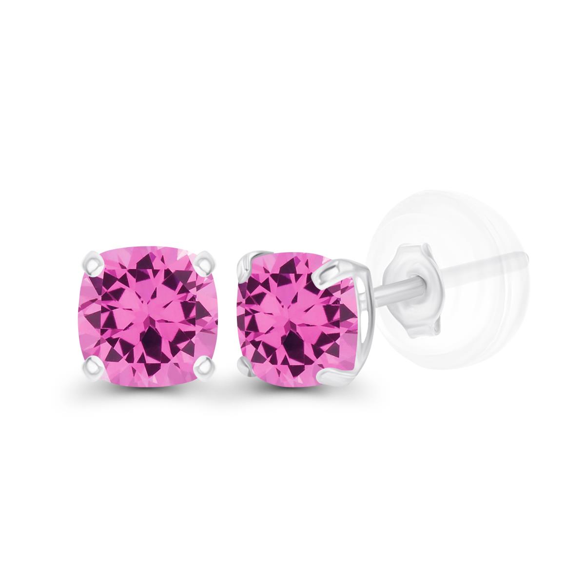14K White Gold 4mm Cushion Created Pink Sapphire Basket Stud Earrings with Silicone Backs