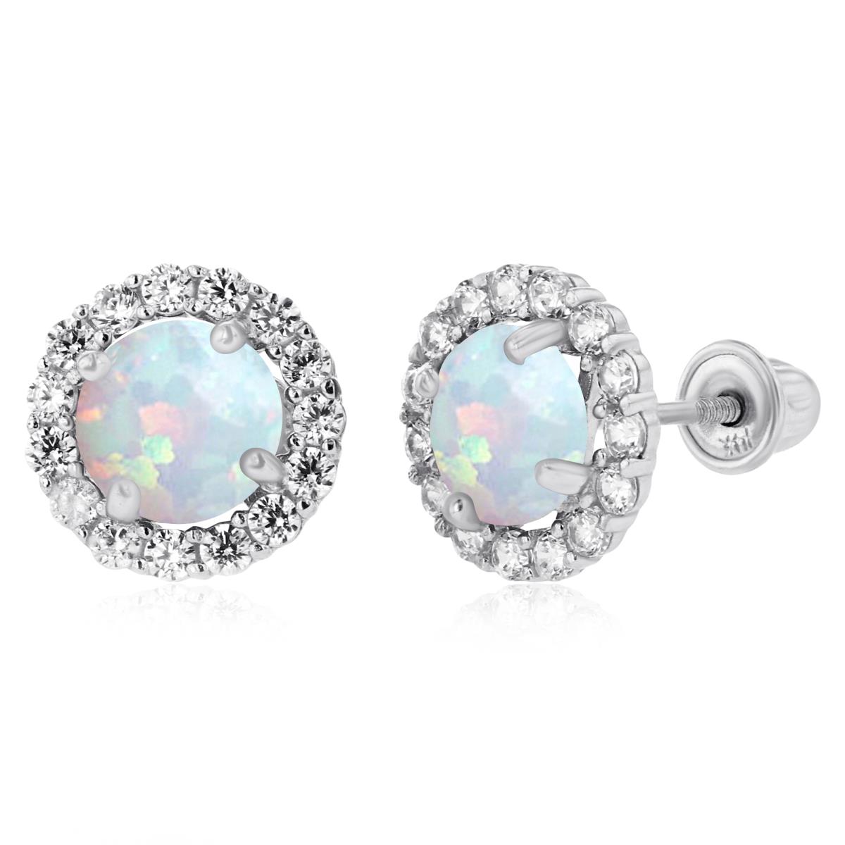 14K White Gold 5mm Created Opal & 1.25mm Created White Sapphire Halo Screwback Earrings