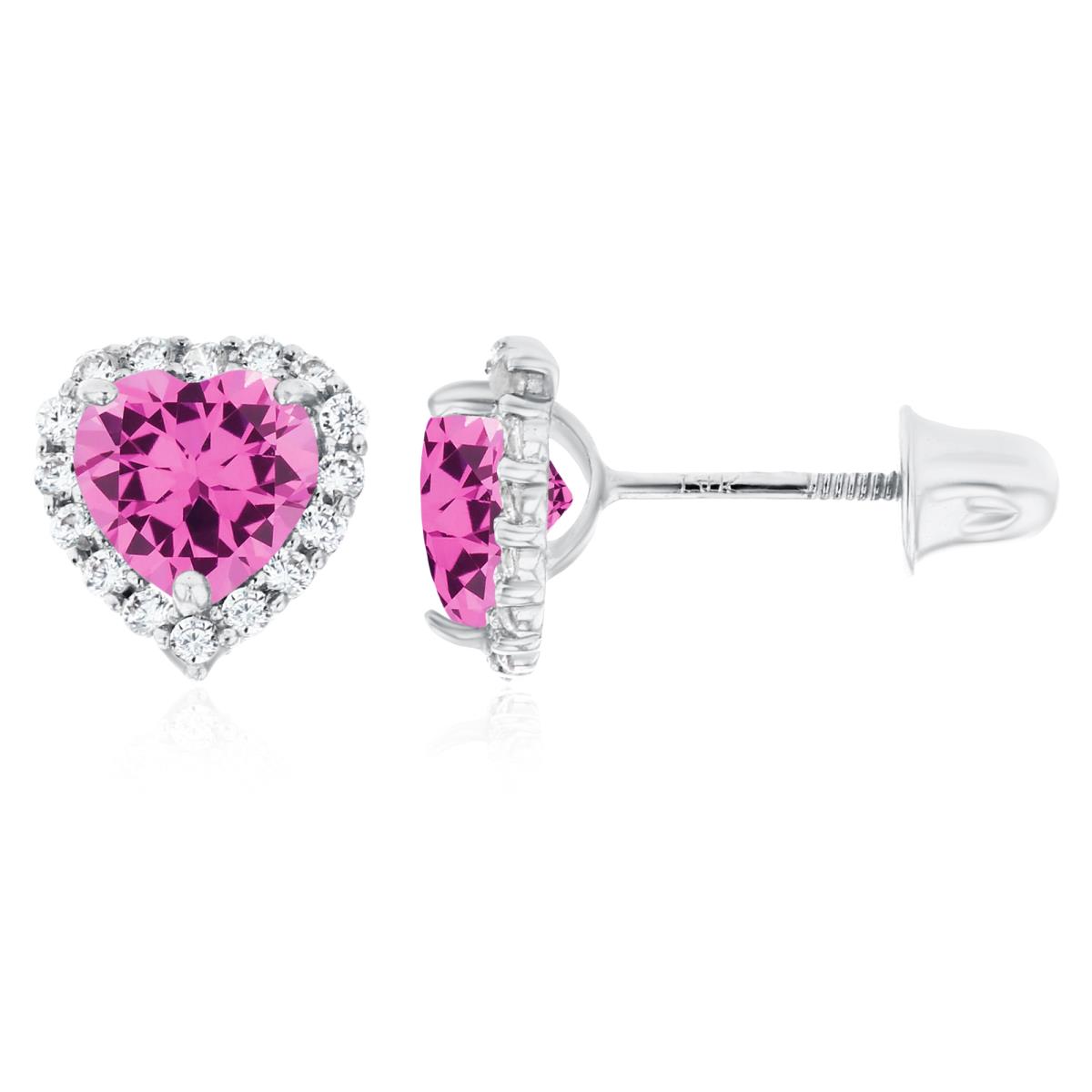 14K White Gold 5mm Heart Created Pink Sapphire & 1mm Created White Sapphire Halo Screwback Earrings