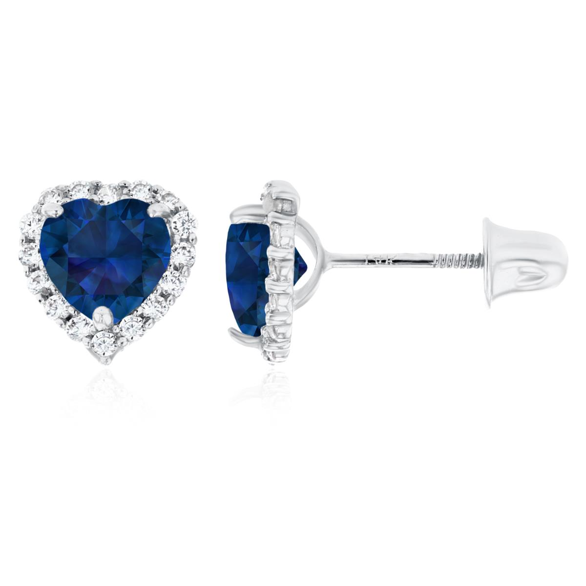 14K White Gold 5mm Heart Created Blue Sapphire & 1mm Created White Sapphire Halo Screwback Earrings