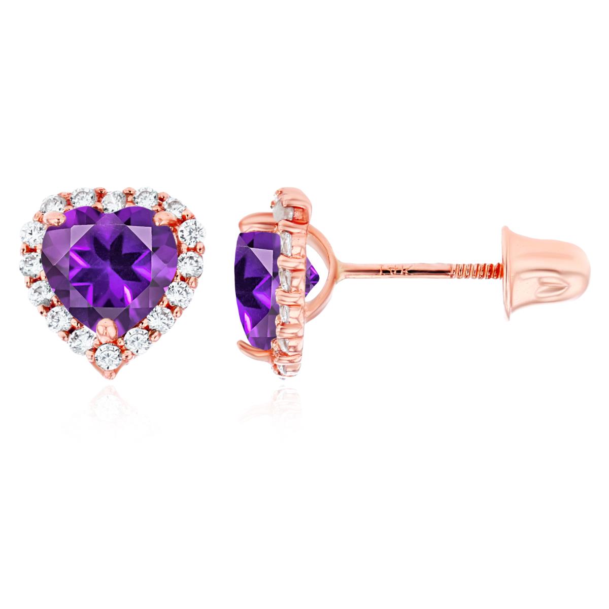 14K Rose Gold 5mm Heart Amethyst & 1mm Created White Sapphire Halo Screwback Earrings