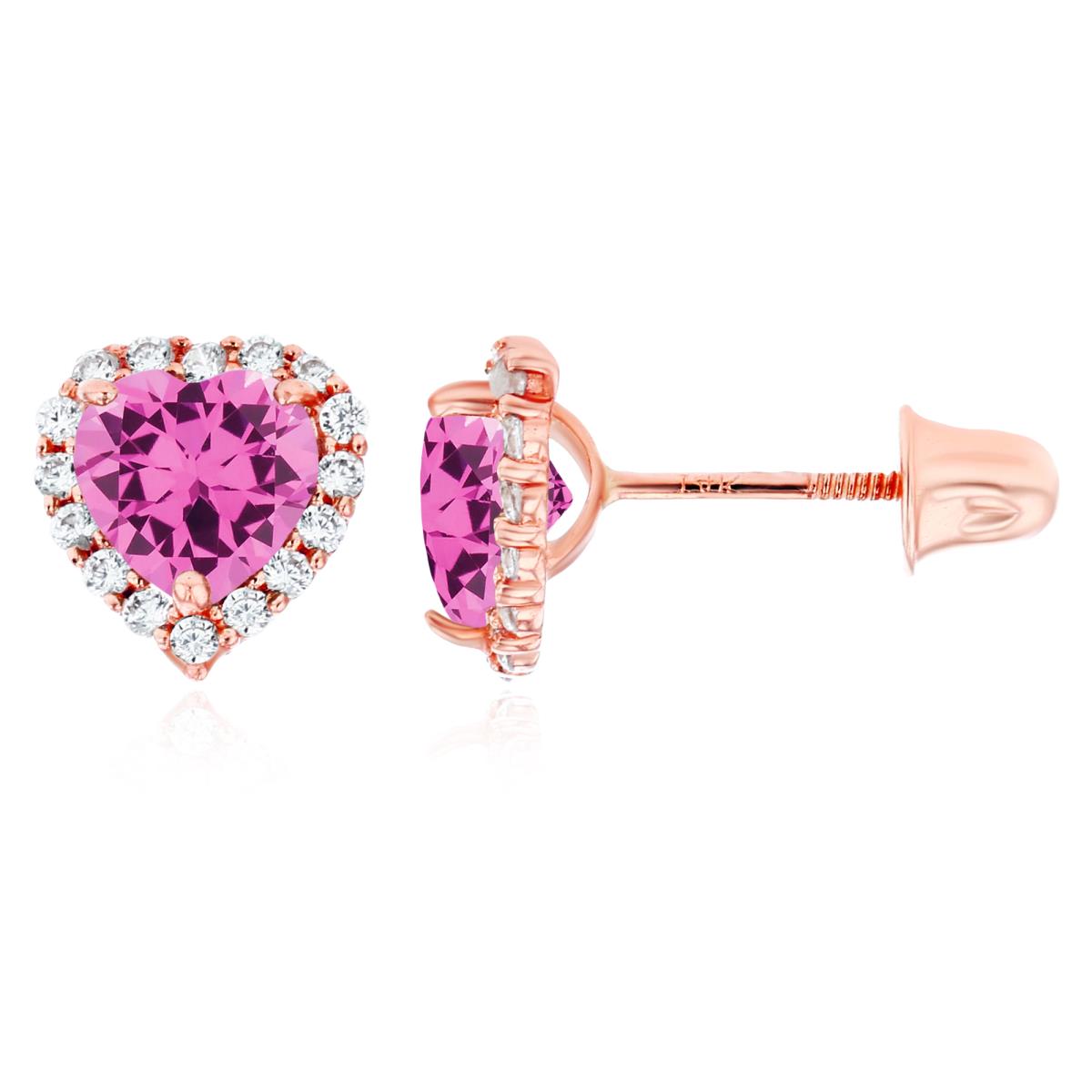 14K Rose Gold 5mm Heart Created Pink Sapphire & 1mm Created White Sapphire Halo Screwback Earrings