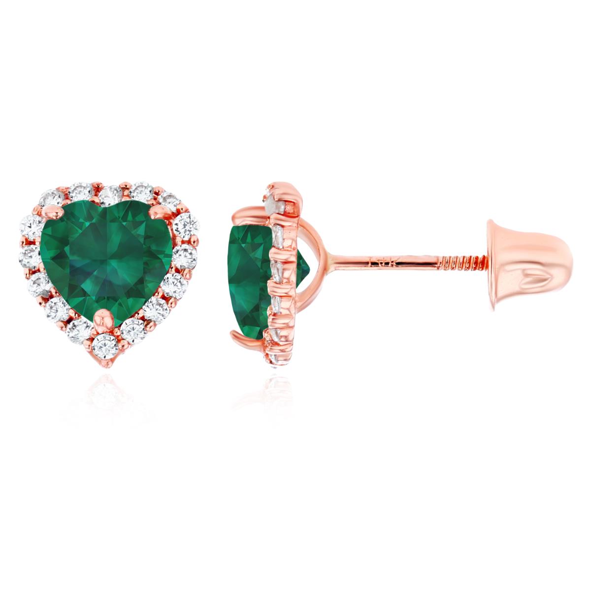 14K Rose Gold 5mm Heart Created Emerald & 1mm Created White Sapphire Halo Screwback Earrings