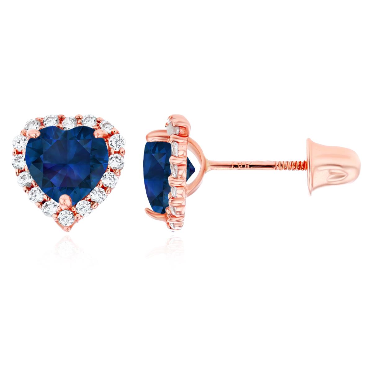 14K Rose Gold 5mm Heart Created Blue Sapphire & 1mm Created White Sapphire Halo Screwback Earrings