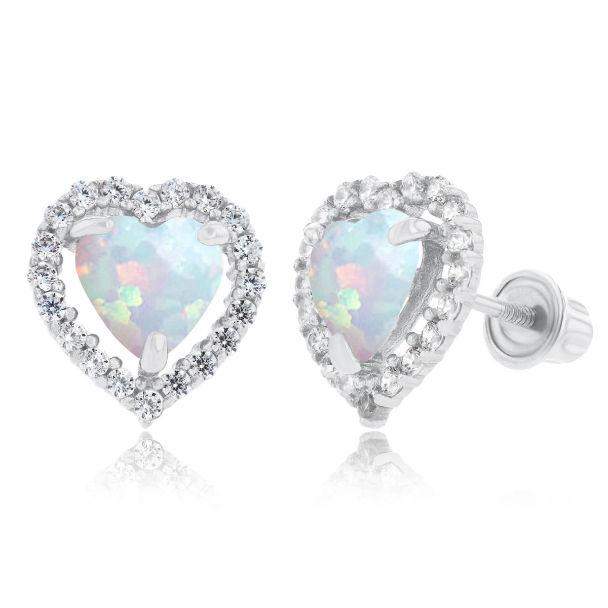 14K White Gold 6mm Heart Created Opal & 1mm Created White Sapphire Halo Screwback Earrings