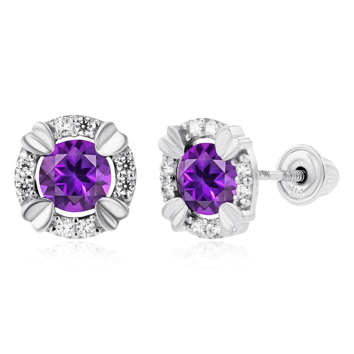 14K White Gold 4mm Round Amethyst & 1mm Created White Sapphire Halo Screwback Earrings