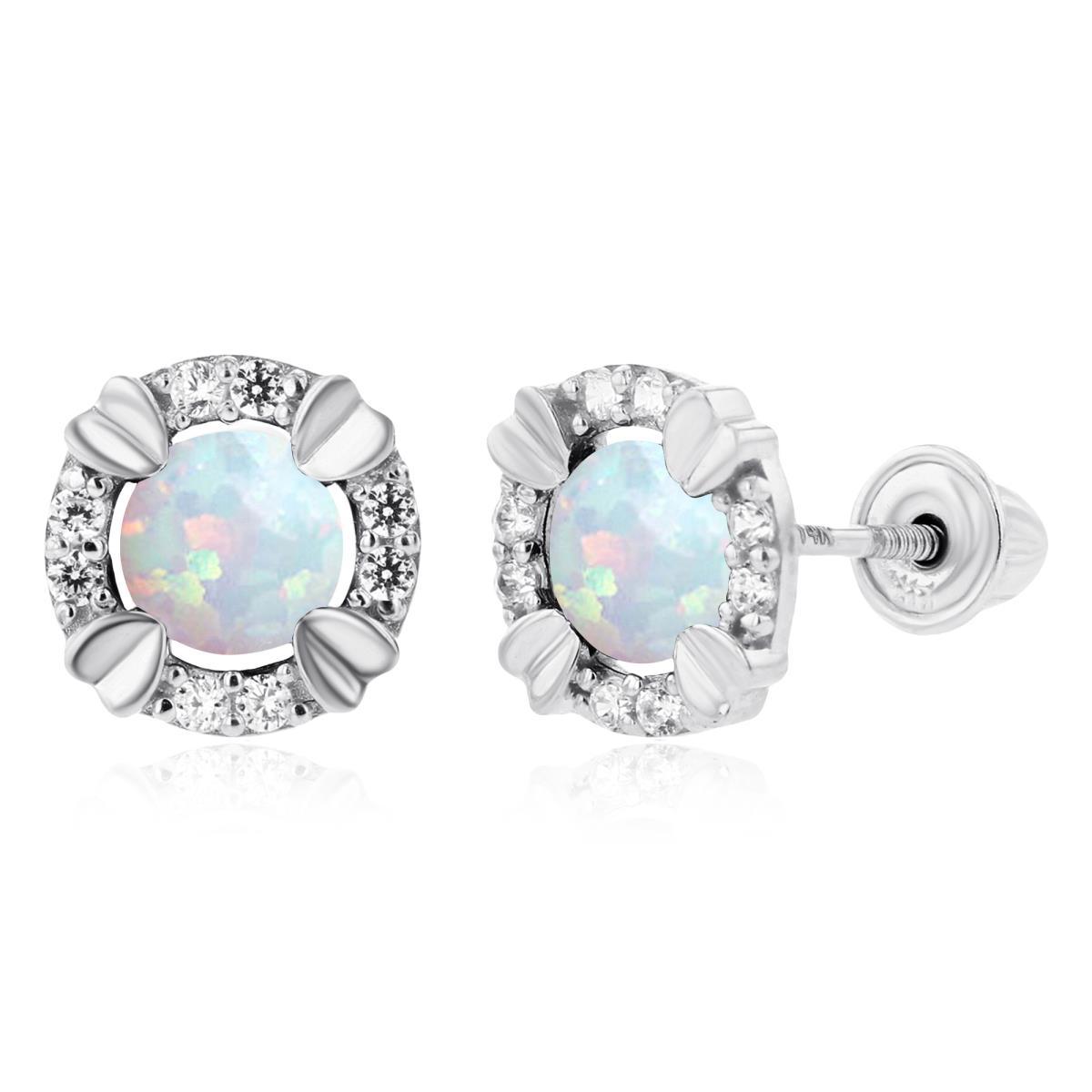 14K White Gold 4mm Round Created Opal & 1mm Created White Sapphire Halo Screwback Earrings