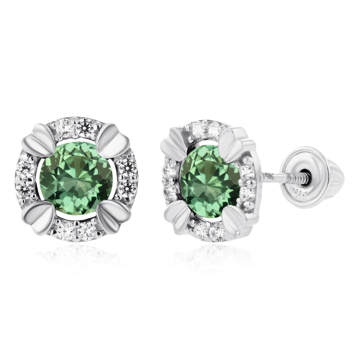 14K White Gold 4mm Round Created Green Sapphire & 1mm Created White Sapphire Halo Screwback Earrings