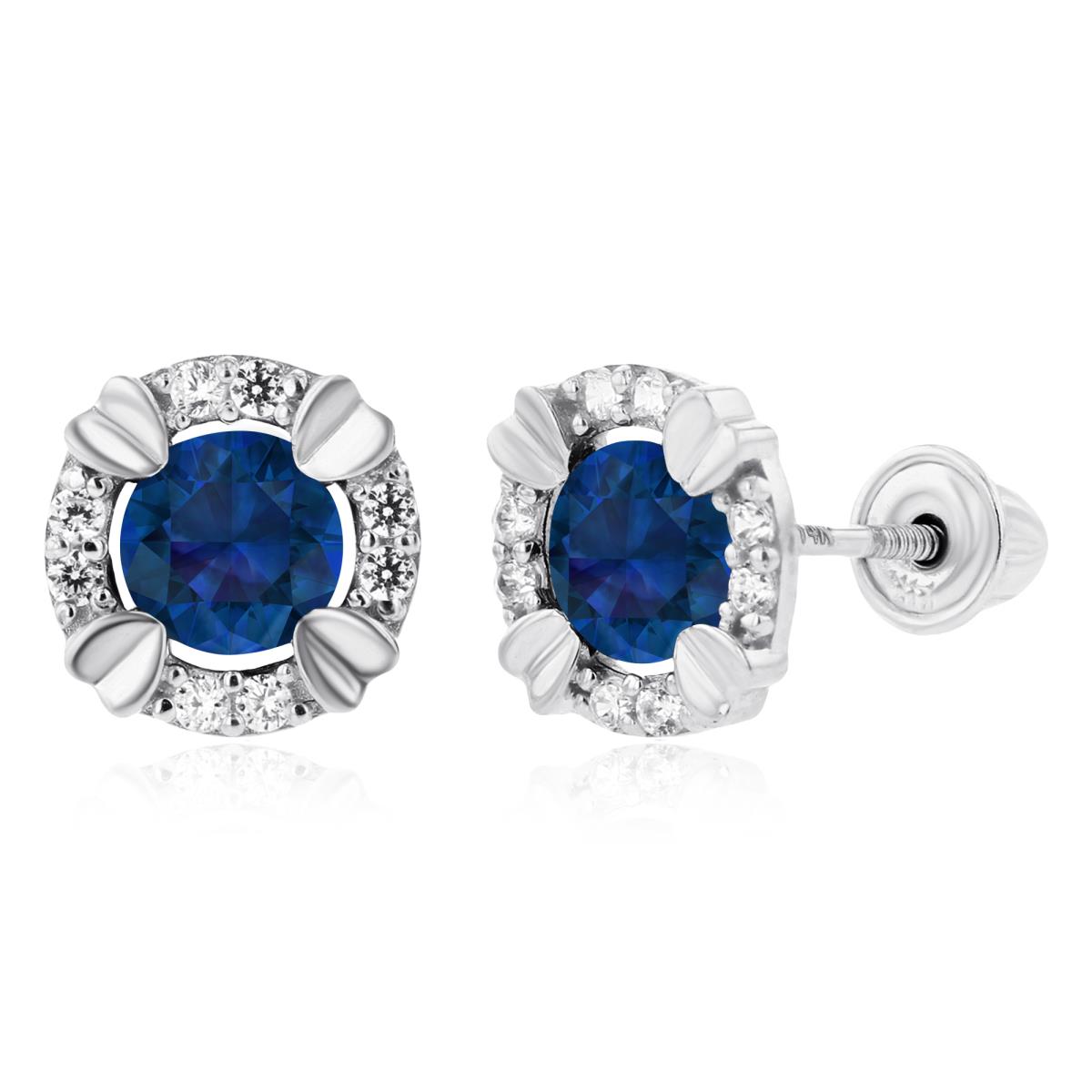 14K White Gold 4mm Round Created Blue Sapphire & 1mm Created White Sapphire Halo Screwback Earrings