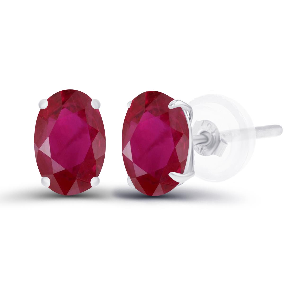 14K White Gold 6x4mm Oval Ruby Basket Stud Earrings with Silicone Back